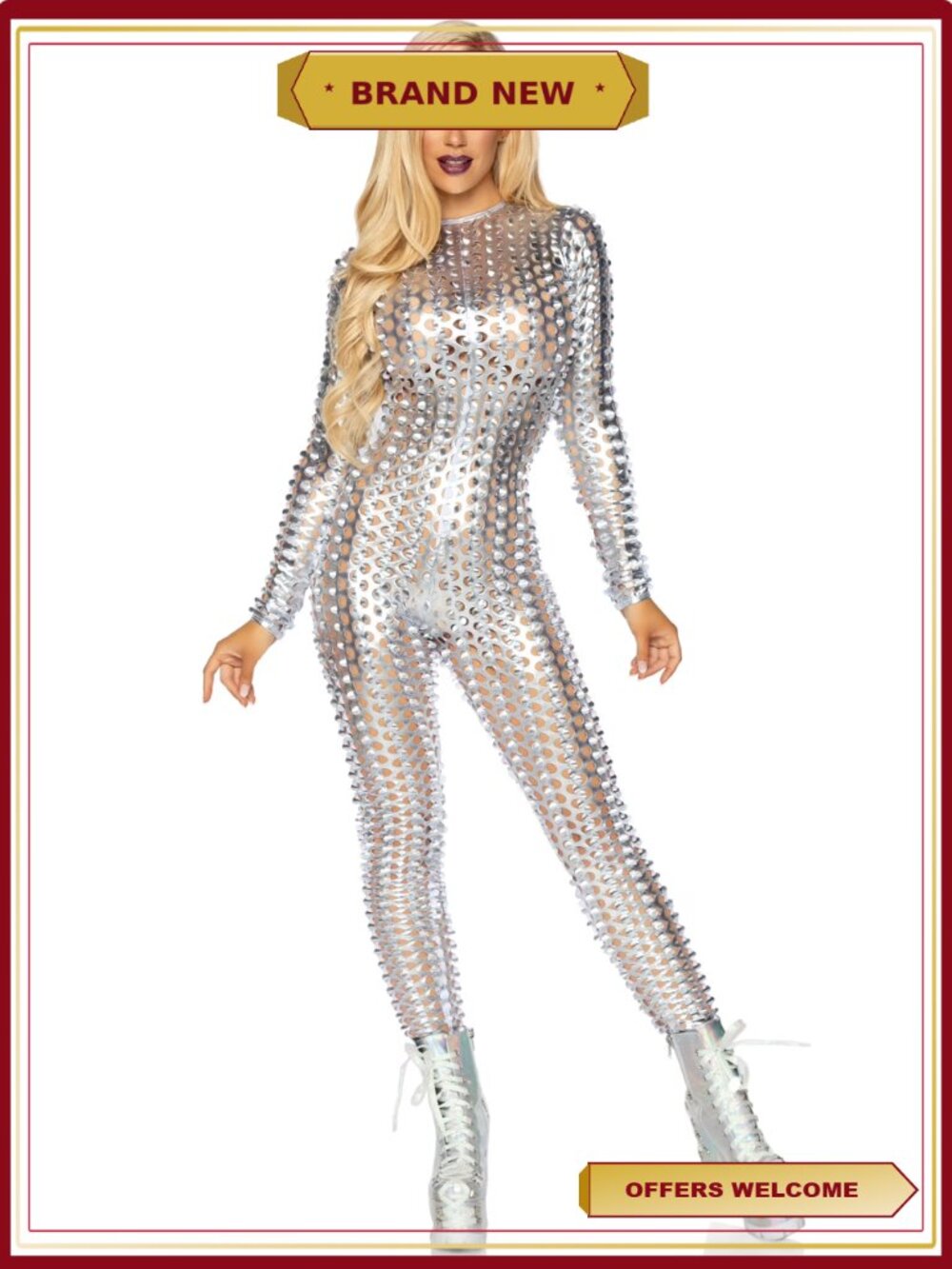 Laser Cut Metallic Catsuit Bodysuit for Women Festival Costume